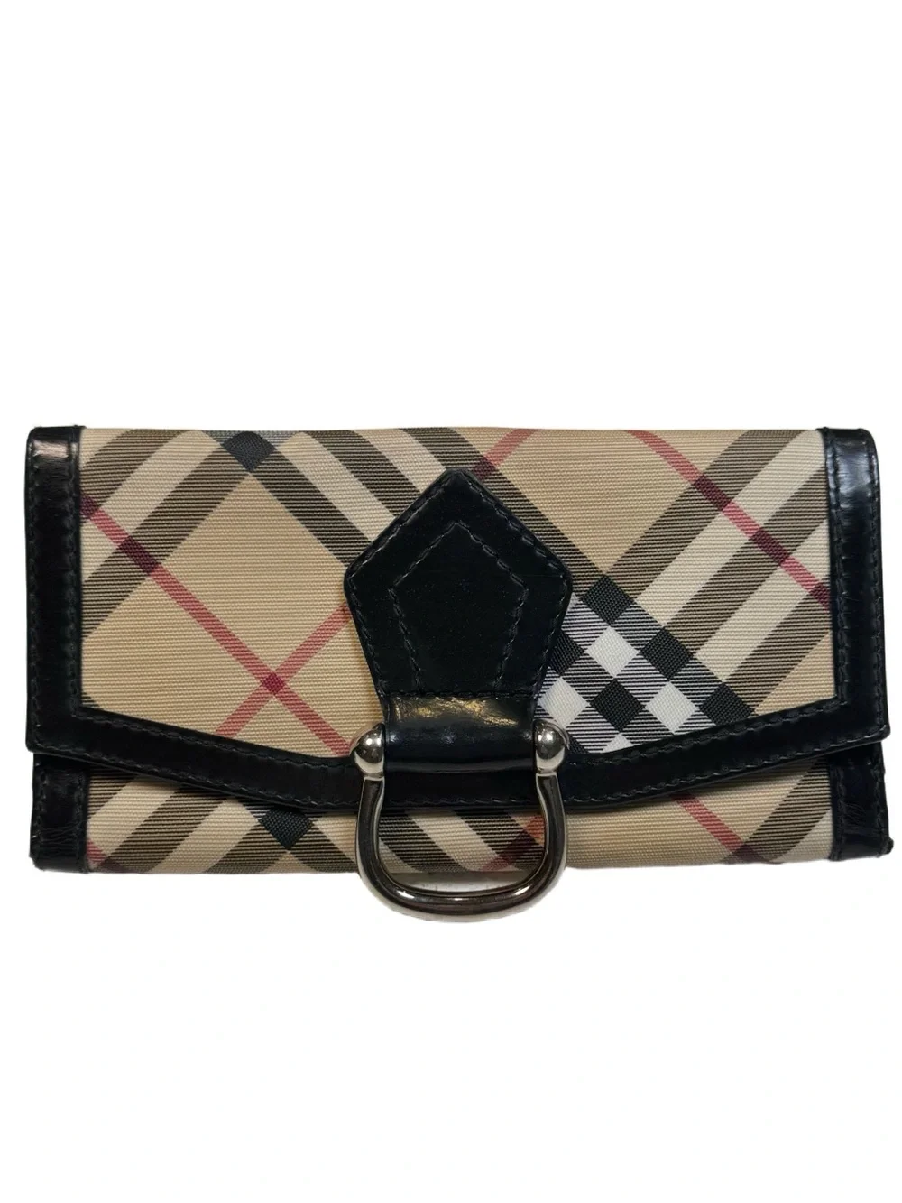 Vintage Burberry Nova Check Canvas Black Leather Stirrup Buckle Long Wallet
